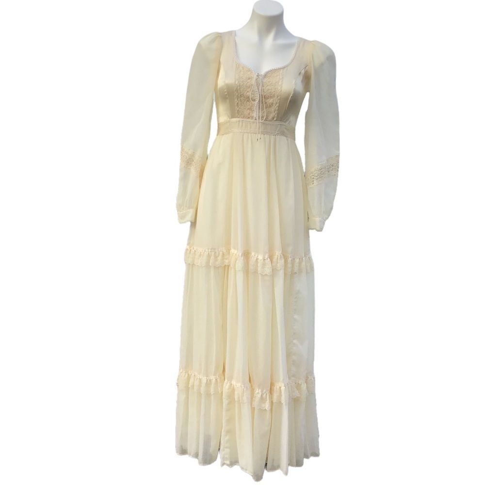 Gunne Sax Dress Vintage White Prairie Style Maxi 70s Crochet Cream Size 7